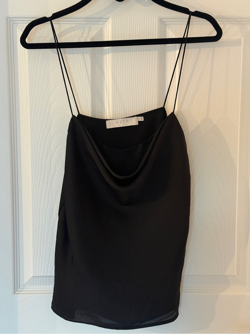 Astr Black Cowl Neck Satin Camisole, Size Medium